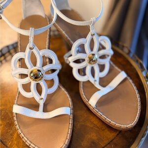 Louis Vuitton White Floral T-Strap Sandals with Gold Accent